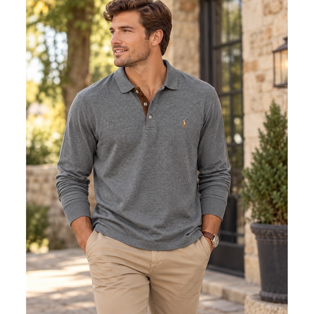 Polo Ralph Lauren Men XL Gray Long Sleeve Polo Shirt Classic Fit Knit Pony Logo